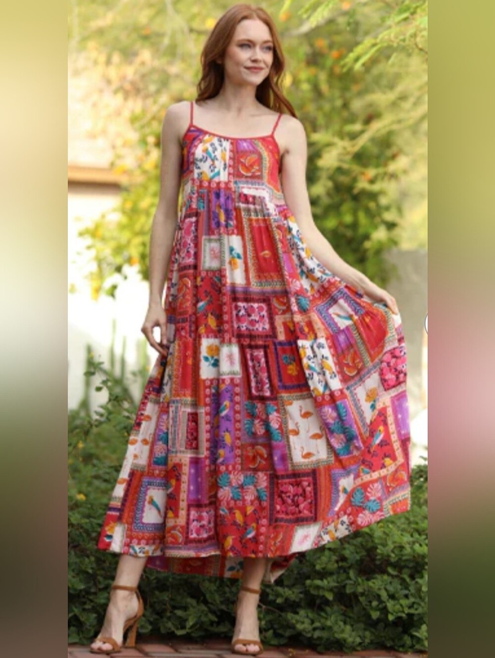 L Angie Women's Keyhole Back Tiered Patchwork Maxi Dress